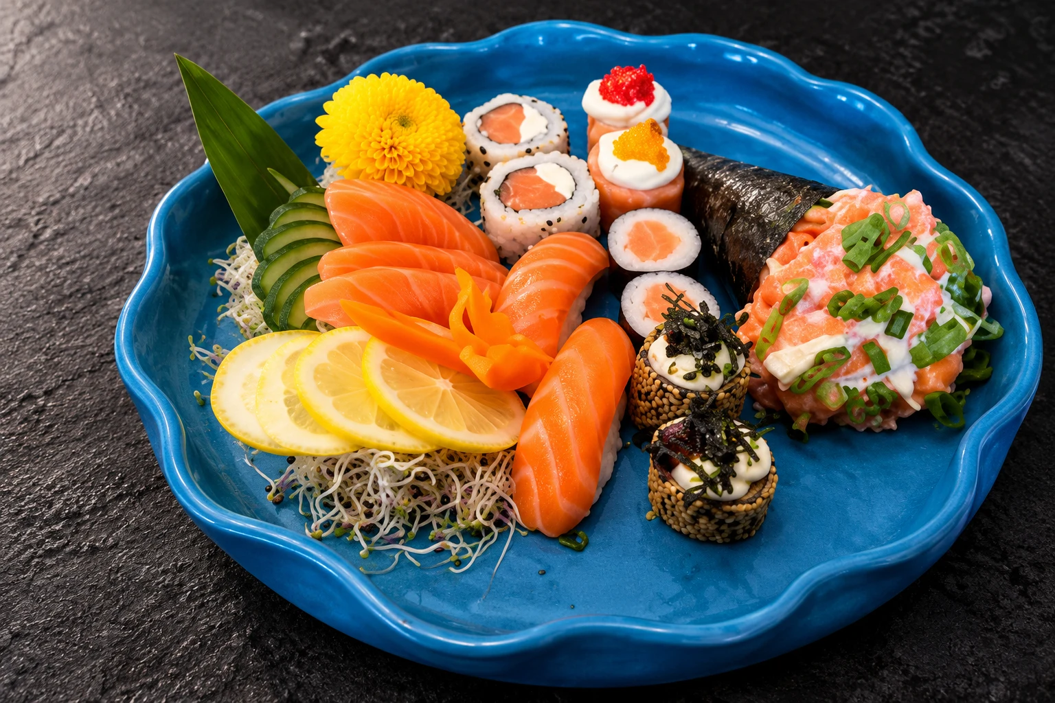 Combinado Ocean com sashimis de salmão, sushis variados e mini temaki em prato azul